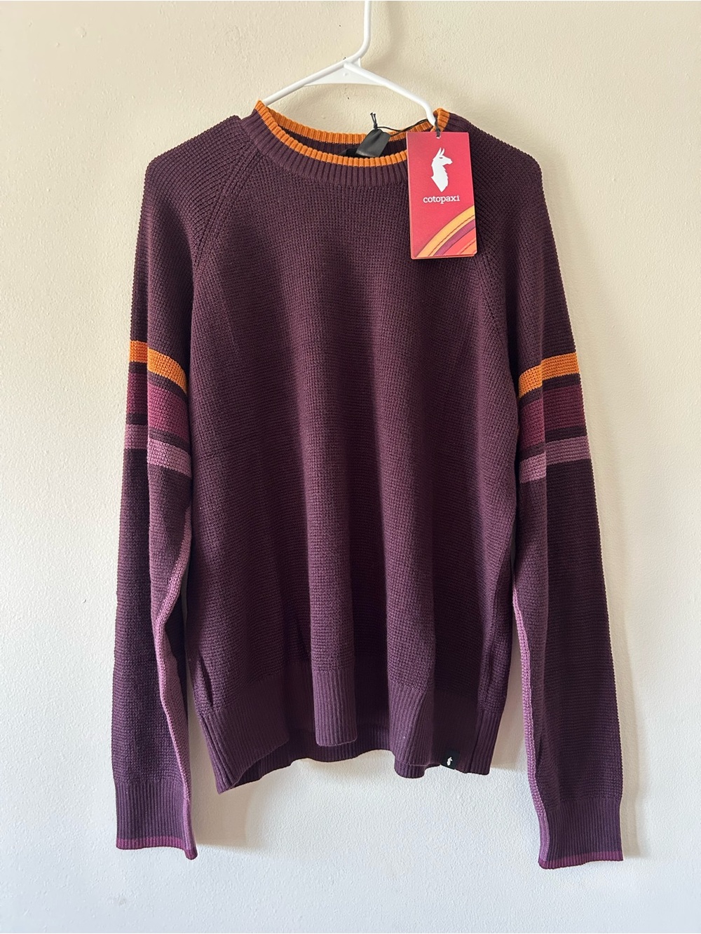 cotopaxi Plum Crewneck Sweater with Orange and Mauve Stripes